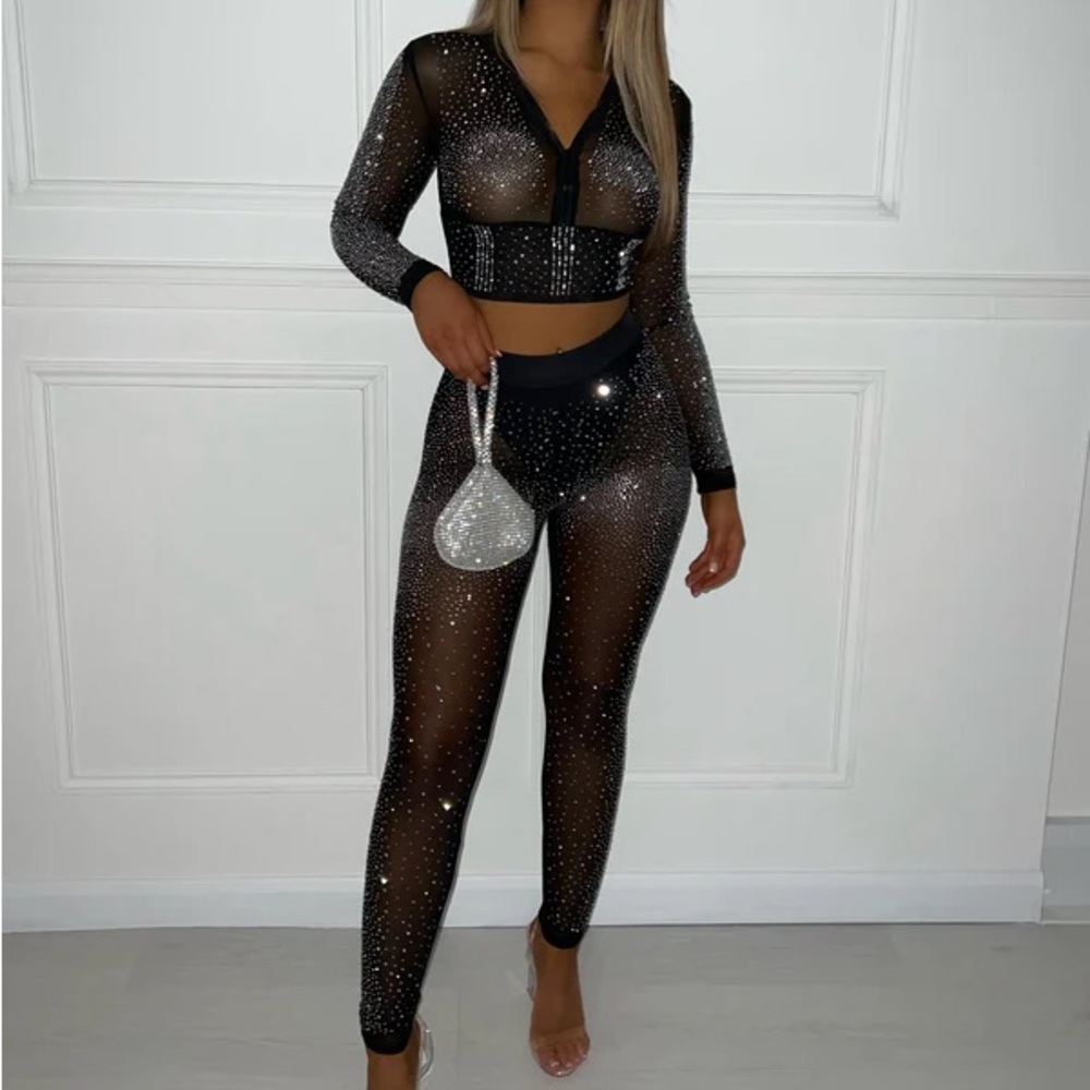 mesh rhinestone long sleeve and legging set - Picture 2 of 15